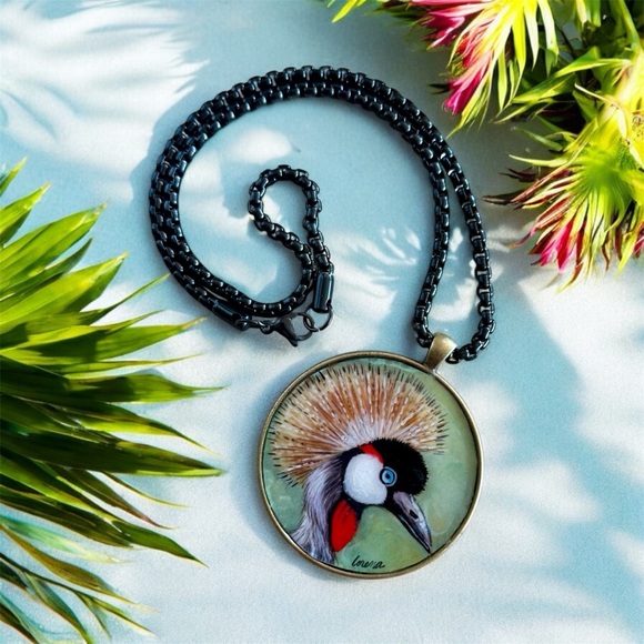 OOAK African crowned crane handpainted pendant brass bezel 16” black chain - Picture 7 of 9